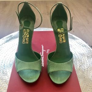 Salvatore Ferragamo mint green snakeskin heels